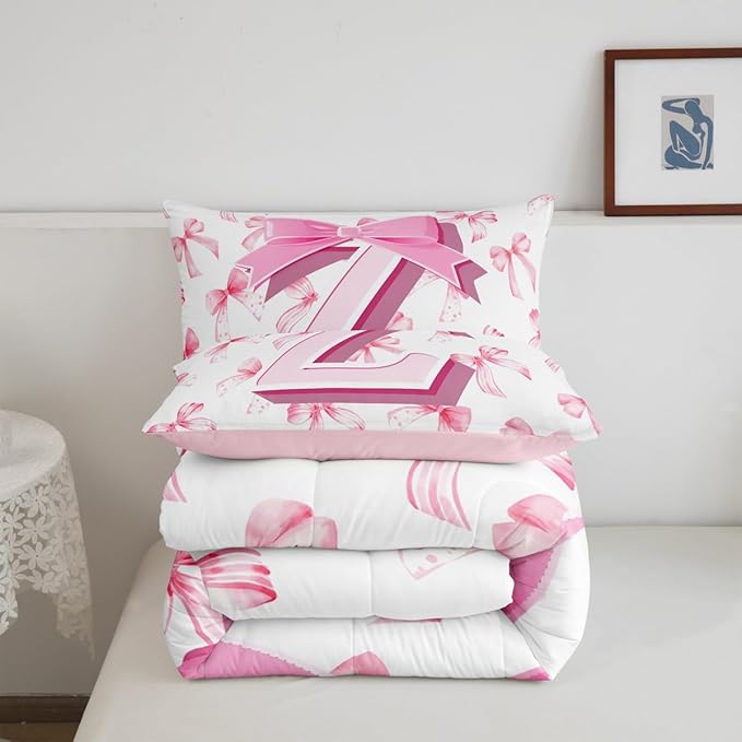 jejeloiu Kids Girls Cute Pink Bow Comforter Set Full Size Monogrammed Bedding Set Ultra Soft Personalized Initial Z Duvet Quilt Coquette Bow Knot Quilt Set Room Decor Modern Fashion Comforter