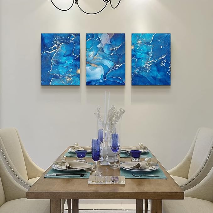 MHARTK66 Canvas Wall Art For Living Room Wall Decorations For Bedroom Modern Bathroom Wall Decor Painting Blue Abstract Pictures Artwork Inspirational Canvas Art Prints Kitchen Home Decor 3 Pieces