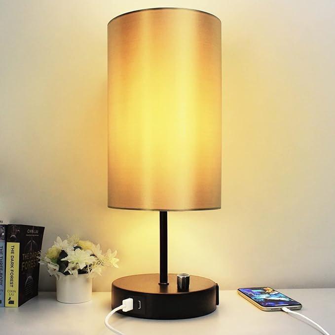 HiBay 17.75" H Dimmable LED Bedside Table Lamp with USB Charging Ports & AC Outlet, Modern Black Nightstand Light for Bedroom, Office, Living Room, Kids Room, Round Fabric Shade, E26 Bulb Included
