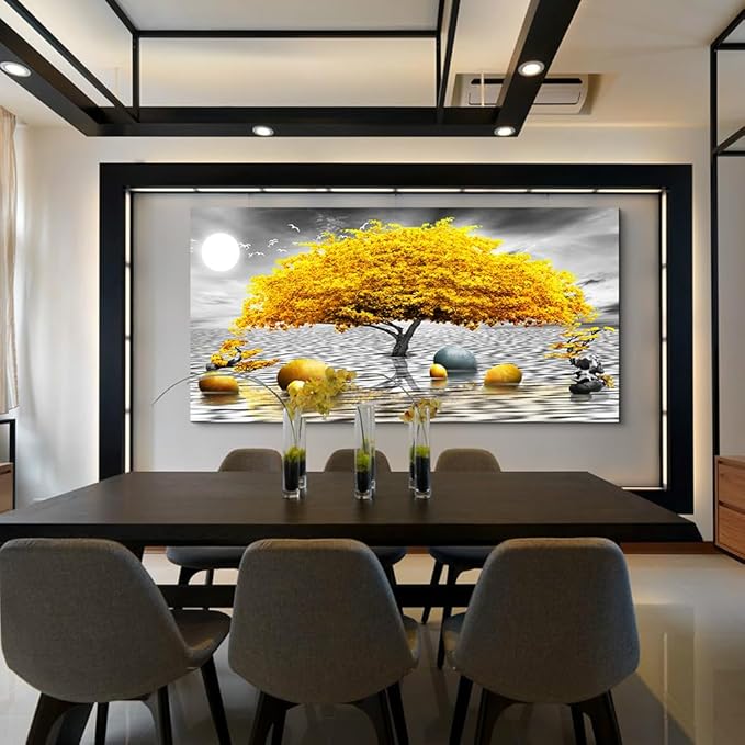 Wapluam Large Canvas Wall Art for Living Room Office Bedroom Decor - Black and White Framed Painting With Yellow Tree View - Home Decoration Artwork Prints 24"X48"