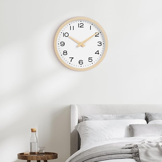 AKCISOT Wall Clock 12 Inch,Boho Office Wall Clocks Battery Operated Non Ticking,Silent Modern Clock Decorative for Kitchen,Bedroom,Living Room,Classroom(Wood Grain)