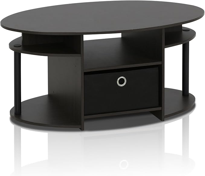 Furinno Jaya Simple Design Oval Coffee Table with Bin for Living Room, Walnut