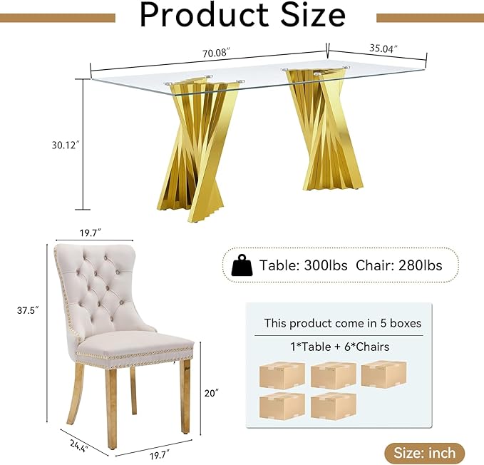 Goujxcy Modern 7 Piece Glass Dining Table Set Luxury Glass Kitchen Table and Chair Set for 6, 70" Large Rectangular Dining Room Table with 6 Tufted Chairs and Stainless Steel Legs (Gold & Beige)