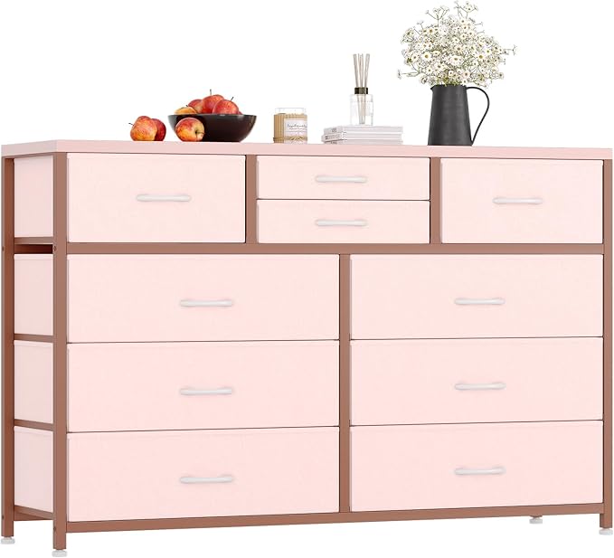 Jojoka Wide 10 Drawer Dresser,TV Stand Entertainment Center Fabric Storage Dressers Drawers for Bedroom, Hallway, Nursery, Closets, Steel Frame, Wood Top (Pink)