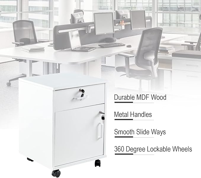 Mobile File Cabinet with Lockable Drawer & Door, Under Desk Storage Cabinet with 360°Swivel Wheels, Wooden Stationery Storage Cabinet for Legal/Letter/ A4 Documents (White)