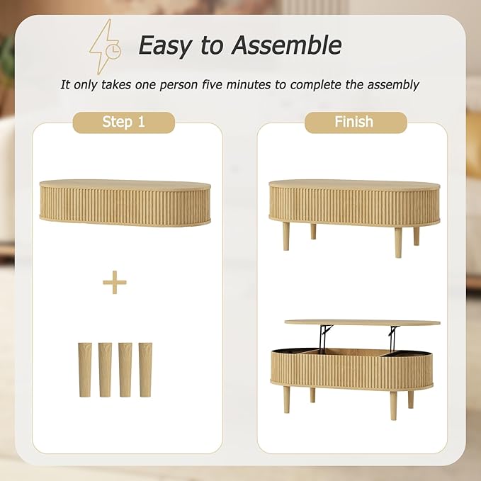 Ludatido 39 Inch Lift Top Coffee Table with 3 Storage for Living Room, Oval Coffee Table with Hidden Compartment, Fully Wooden Center Easy to Assembled for Home Living Room Office Burlywood