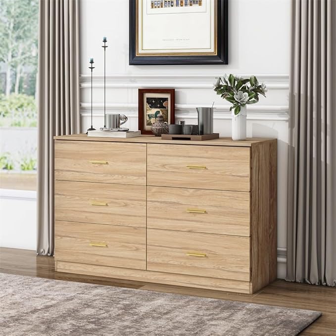 Dresser for Bedroom,Modern 6 Drawer Dresser with Deep Drawer and Gold Handle,Wood Chest of Drawer for Living Room,Hallway,Bedroom Storage Furniture