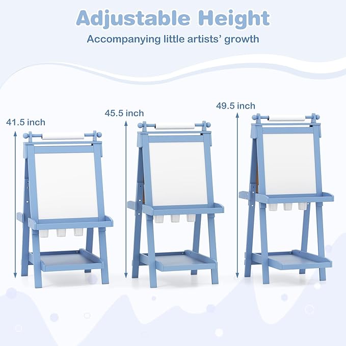 OLAKIDS Easel for Kids, 3 in 1 Adjustable Painting Art Board, Foldable Double-Sided Wooden Drawing Chalkboard Magnetic Whiteboard with Paper Roll, Storage Rack, Cups for Boy Girls (Blue)