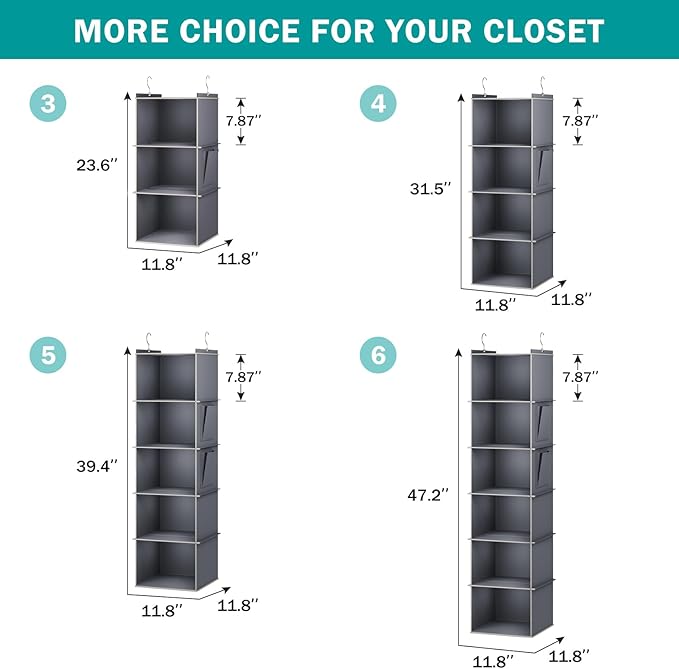 Hanging Closet Organizer, 4-Shelf Closet Hanging Storage Shelves, Grey