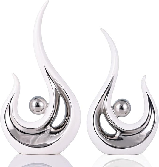 DOVDOV Abstract Ceramic Statues Set of 2, Silver and White Home Decor, Modern Classic Art Statues with Plated Gold Accents