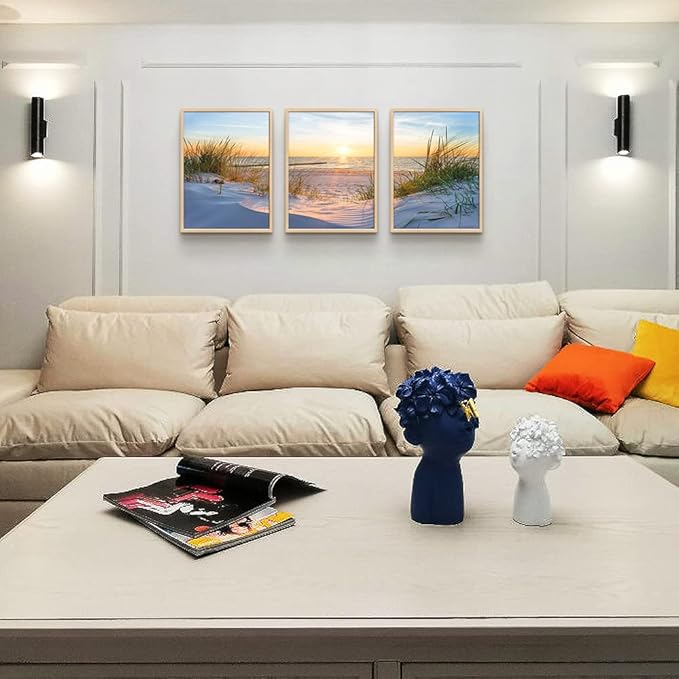 Natural Wood Framed Wall Art - Set Of 3 Piece Framed Art Prints For Living Room, Bedroom, Office Wall Decor - Blue Beach Seascape Paintings Home Decor