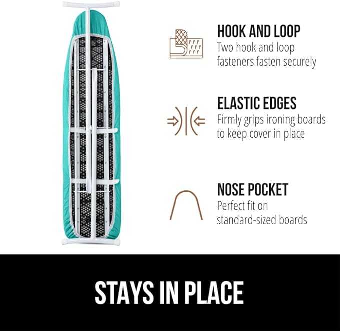 The Original GORILLA GRIP Ironing Board Cover and Pad, Silicone Coating, Thick Scorch Resistant Padding, Heavy Duty Iron Covers Standard Boards, Hook and Loop Fastener Strap, Turquoise, 15x54