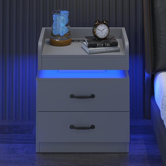 Nightstand with Charging Station, Night Stand with LED Lights, Modern Led End Table, Nightstands Set of 2, Night Stand with 2 Drawers, Bed Side Table with Storage for Living Room (2, Grey)