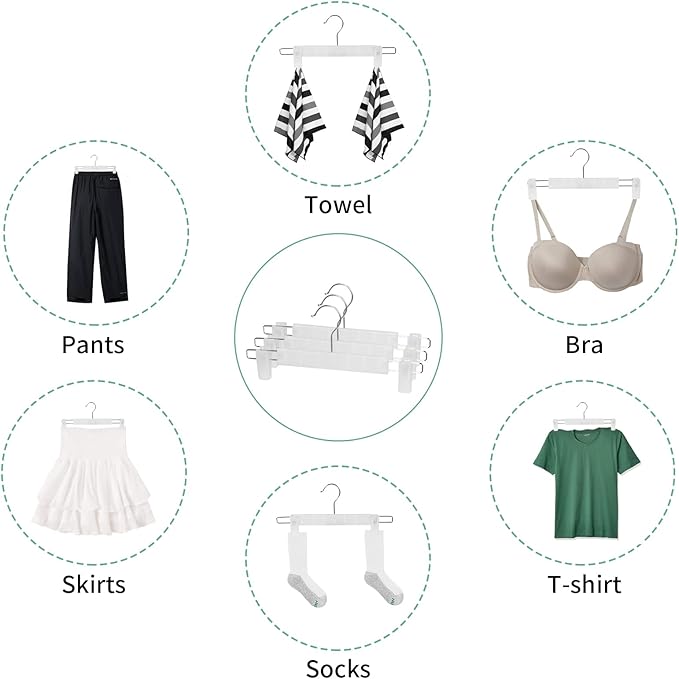 Skirt Hangers，Pants Hangers with Clips，360 ° Swivel Hooks Space Saving Hangers for Pants, Skirts, Clothes, Jeans (20Pack, Translucent)