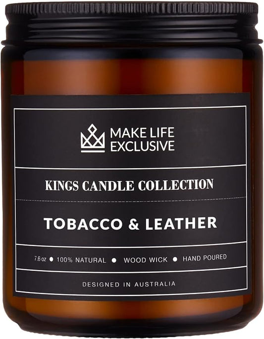 Scented Candles for Men | Tobacco & Leather Scented | Wooden Wick, Long Lasting, Masculine Scents | Natural Soy Jar Candle for Home, Bacehlor Pad Decor | The Perfect Mens Gift