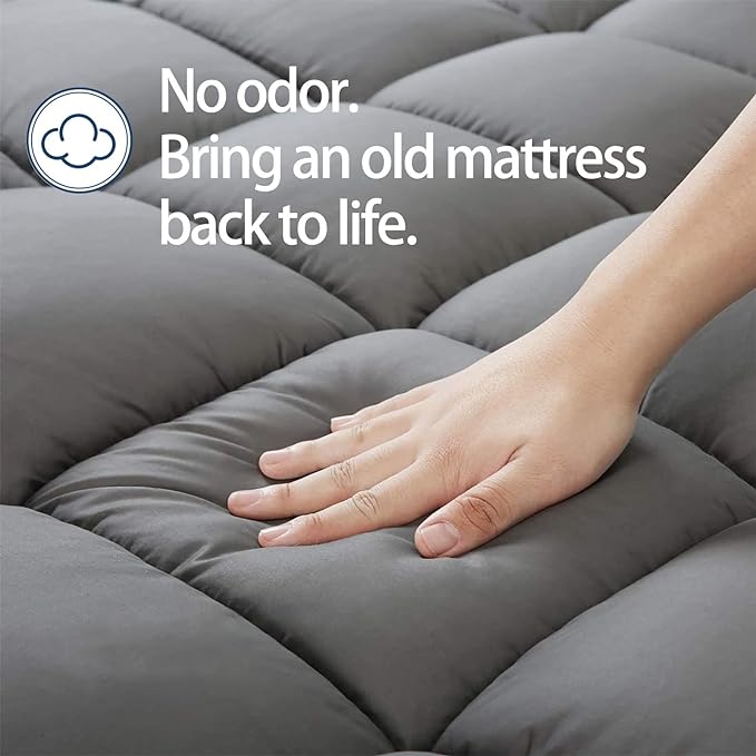 Mattress Topper Queen for Back Pain, Extra Thick Mattress Pad Cover, Plush Pillow Top, Deep Elastic Pocket, Grey