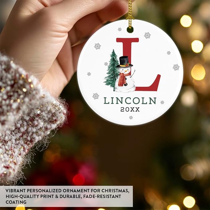 Andaz Press Personalized Ornament, Custom Name, Initial L Monogram Snowman 2.8" Ceramic Porcelain 2025 Christmas Ornament Keepsake for Kids, Boys, Girls, Includes Gold Ribbon & Gift Box, 1-Pack