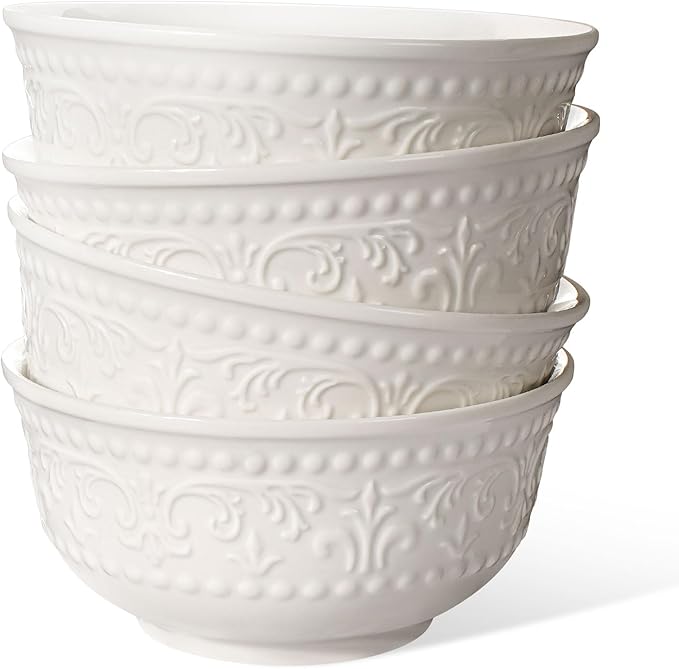 Cereal Bowls Set of 4 - Ceramic Soup Bowls for Kitchen 30 Oz Embossment White Breakfast Bowls for Rice, Pasta, Fruits, Salad, Ramen, 6.25 Inch, Dishwasher & Microwave Safe (Brocade Flower)