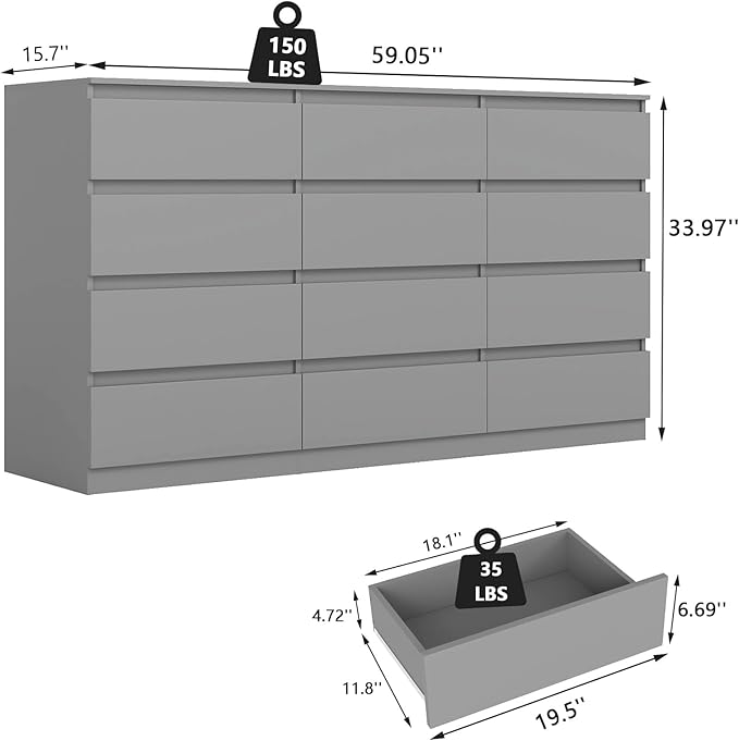 Grey Dresser for Bedroom,Modern Large 12 Drawer Dresser with Deep Drawer,Wide Storage Chest of Drawer,Wood Bedroom Storage Organizer Furniture,TV Stand for Living Room