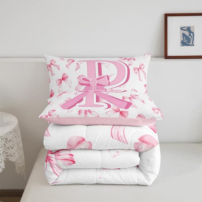 jejeloiu Kids Girls Cute Pink Bow Comforter Set Twin Size Monogrammed Bedding Set Ultra Soft Personalized Initial P Duvet Quilt Coquette Bow Knot Quilt Set Room Decor Modern Fashion Comforter