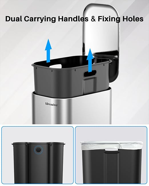 Lovewind Trash Can with Lid, 8 Gallon/30 L Footstep Garbage Can for Kitchen Bathroom Bedroom Home Office, 20 Liter Trash Bin Brushed Stainless Steel Waste Bin with Soft-Close Lid, Silver