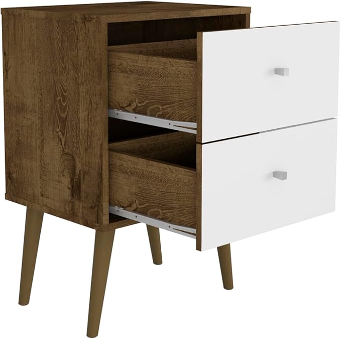 Manhattan Comfort Liberty Mid Century Modern Nightstand with Drawers, Bedside Table for Bedroom and Living Room, Night Stand Accent Decor, Easy Assembly, Brown/White