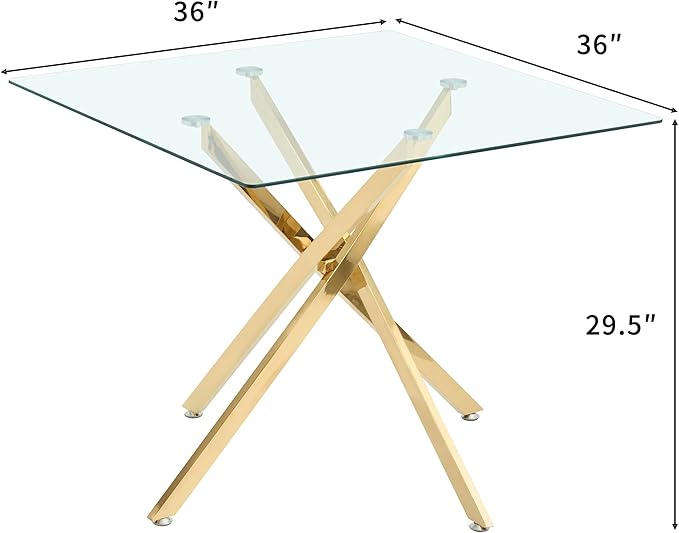 Henf 36'' Tempered Glass Dining Table for 2-4 People, Square Kitchen Table with Gold X-Base Metal Legs, Adjustable Feet, Glass Desk for Small Space, Gold Square Dining Room Table for 4