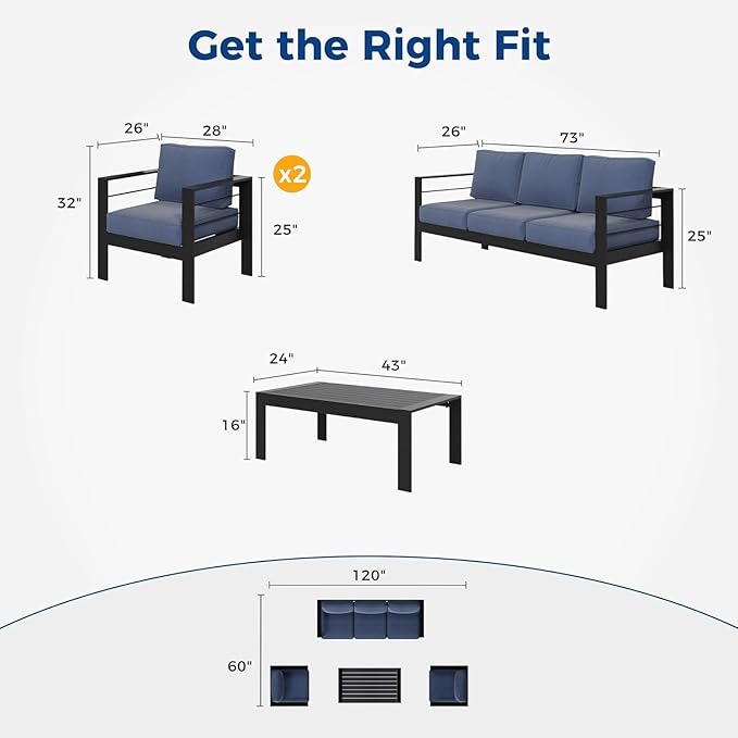 Wisteria Lane Aluminum Outdoor Patio Furniture Set, 5 Seats Modern Outdoor Conversation Set Sectional Sofa with Upgrade Cushion and Coffee Table for Balcony,Black Frame and Blue Cushion