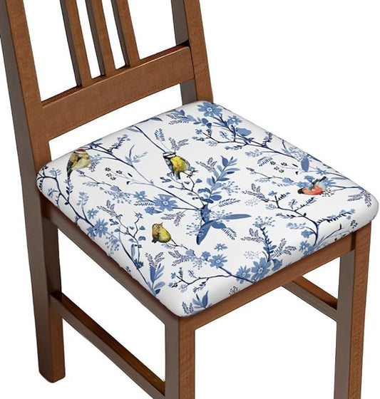 Seat Covers for Dining Room Chairsset of Set of 4, Floral Navy Blue Bird White Spring Flower Stretch Chair Seat Covers Cushion Slipcovers for Kitchen Office