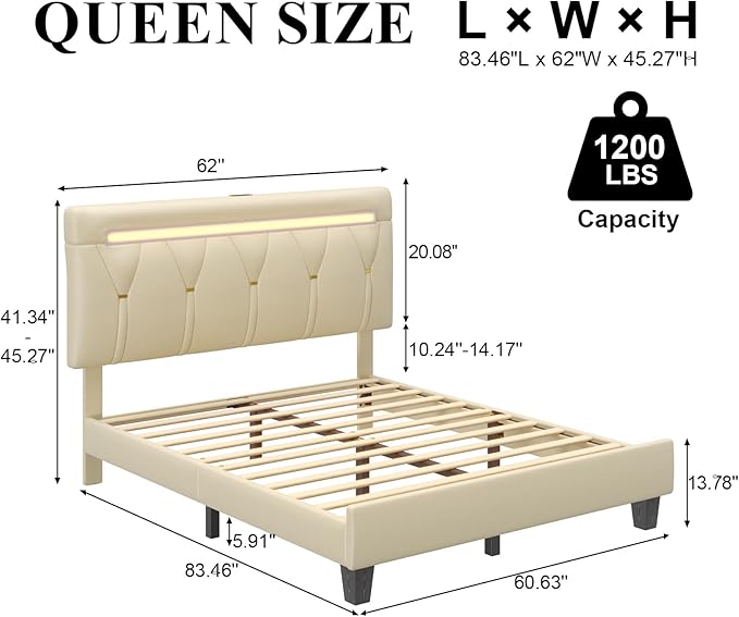 Queen Size Bed Frame with LED Lights and Charging Station, Faux Leather Linen Fabric Adjustable Headboard,Modern Upholstered Bed, Sturdy Wood Slat Support, Easy Assemble, Beige
