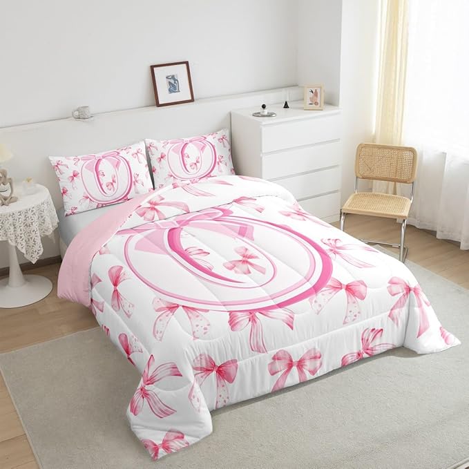 jejeloiu Kids Girls Cute Pink Bow Comforter Set Queen Size Monogrammed Bedding Set Ultra Soft Personalized Initial O Duvet Quilt Coquette Bow Knot Quilt Set Room Decor Modern Fashion Comforter