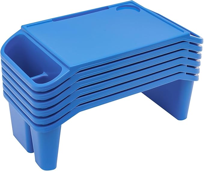 6 Pcs Kids Lap Desk Tray, Plastic Breakfast Lap Desk Trays with Side Pockets and Slot, Portable Lap Table Snack Tray for Eating, Writing, Drawing, Game, 19.69" L x 9.84" W x 7.1" H (Blue*6)