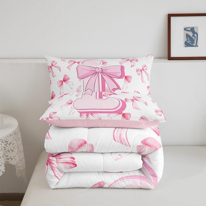 jejeloiu Kids Girls Cute Pink Bow Comforter Set Toddler Size Personalized Initial L Bedding Set Ultra Soft Monogrammed Duvet Quilt Coquette Bow Knot Quilt Set Room Decor Modern Fashion Comforter