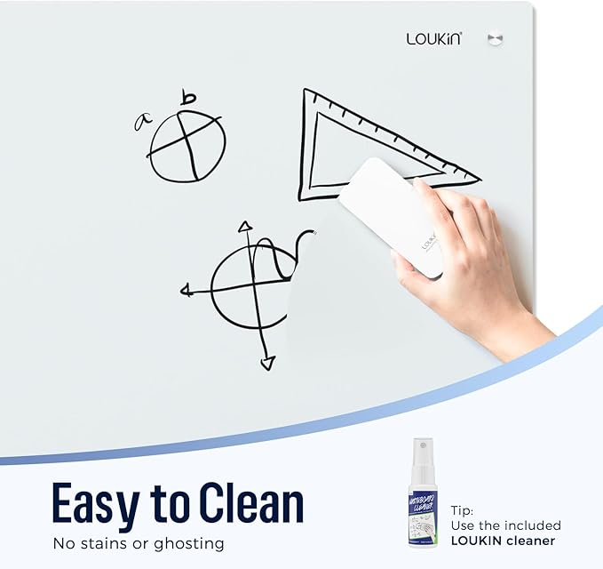 Loukin Glass Whiteboard for Wall, Magnetic Dry Erase Glass Board, Framless Surface White Board for Office, School, Dry Erase Whiteboard Set Includes Cleaner & Eraser & Marker (24" x 36")