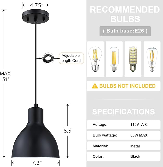 2 Pack 1 Light Industrial Hanging Indoor 7.3" Kitchen Island Pendant Ceiling Light Fixtures Black Finish,Drum Metal Shade for Bar Dining Room Living Room Over Sink