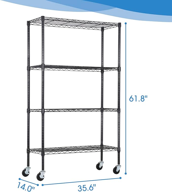 PayLessHere 4-Tier Adjustable Shelf Shelving Unit Shelves Shelf Heavy Duty Storage Steel Organizer Wire Rack (1400 lbs Loading Capacity) with Wheels Multi-Function Easy Assembly,Black