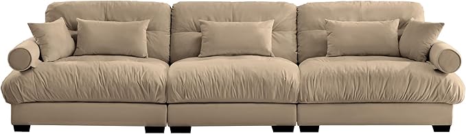 Ball & Cast 130" Extra Large Sectional Sofa,3-Seater Oversized Modular Cloud Couch with Waist & Throw Pillows,Deep Seat Velvet Fluffy Sofas for Living Room,Home Theater,Apartment,Velvet,Camel