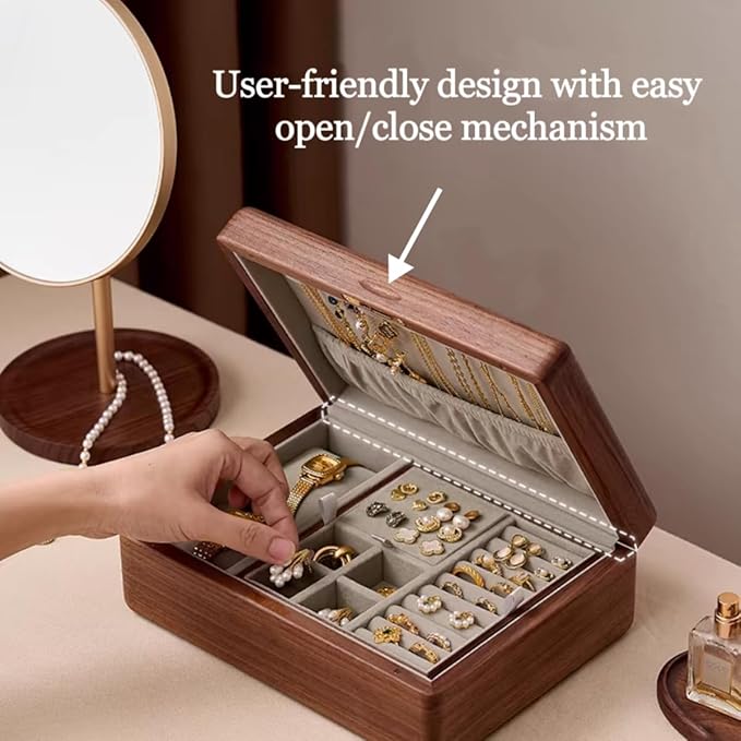 Bescott 2 Layer Solid Black Walnut Wooden Jewelry Box for Women Wood Vintage Organizer for Men Earrings Rings Necklaces Bracelet Watch Storage Mother's Day Gift