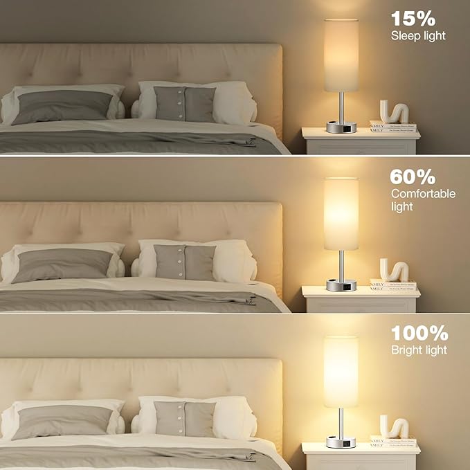 White Touch Bedroom Table Lamp - 3 Way Dimmable Bedside Lamp USB C A Charging Ports and AC Outlet, Small Lamp Nightstand with Silver Base for Living Room, Office Desk, LED Bulb Included