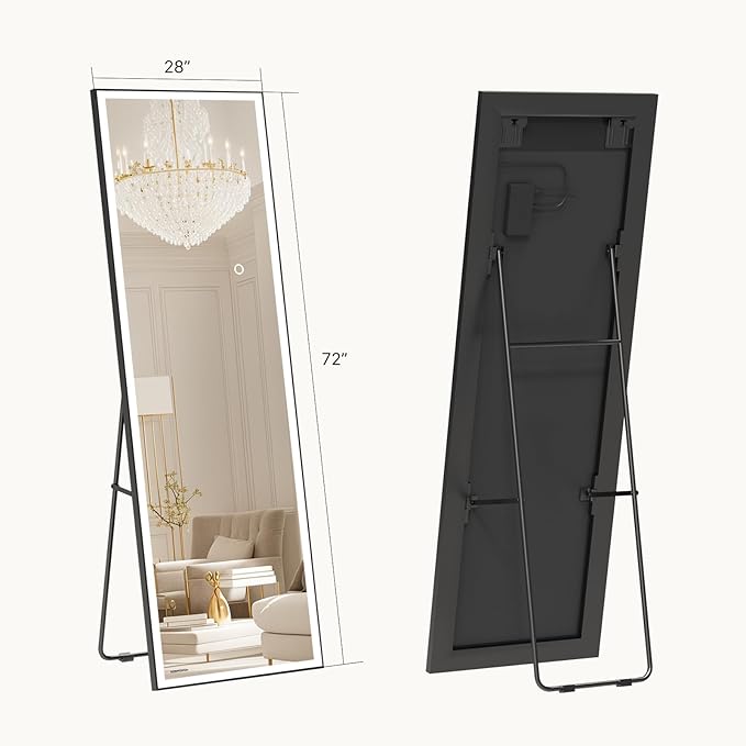 72x28 Full Length Mirror, Dimmable 3 Color LED Light w/Light Memory, Distortion Free Silver Coating Mirror, HD Reflection &Anti Desilvering,Tempered Glass &Shatter Proof Film Doubles Safety