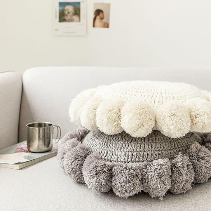 Knitted Throw Pillow Round Couch Pillow Sofa Cute Cushion Handmade Pompoms Decorative Plush Pillow (Grey, Diameter 18inches)