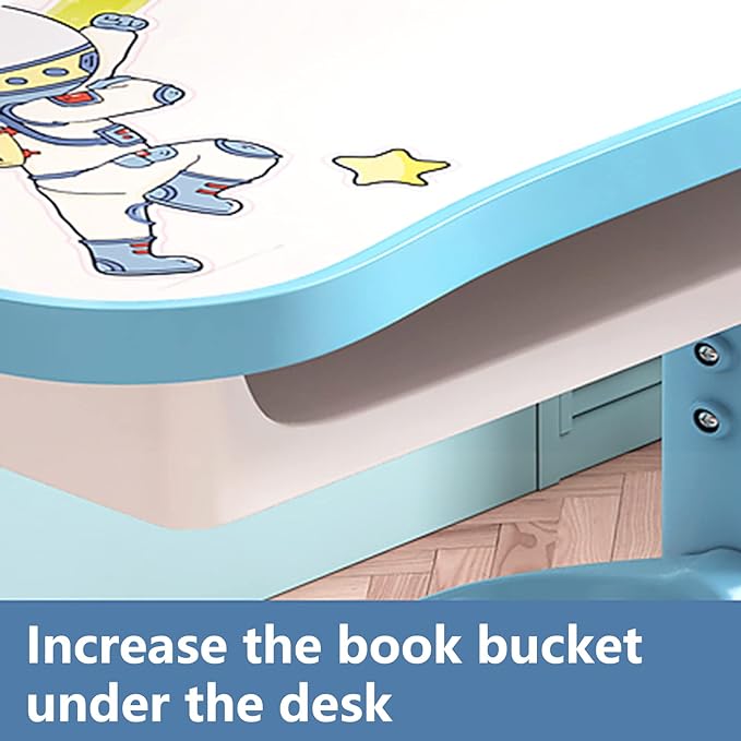 Kids Desk and Chair Set, Height Adjustable Desk with Storage Drawers and Bookshelf, Ergonomic Curved Desktop Reading Writing Table (Blue)