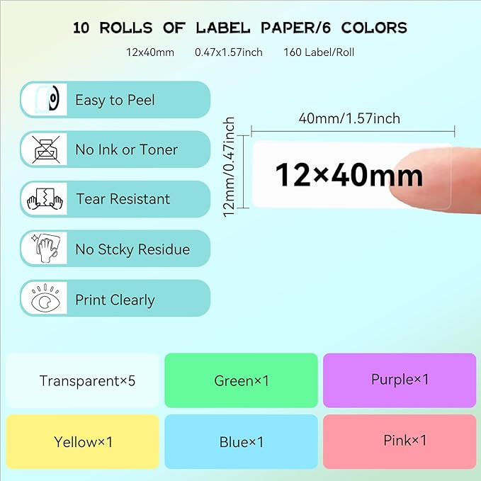 Label Maker Tape Refill 12mm 0.47, Standard Laminated Thermal Label Tape Replacement, 0.47"×1.57"(12×40mm) 1650 Labels/10Rolls/Pack, High Definition Labeling Tape for Home Office School Hotel