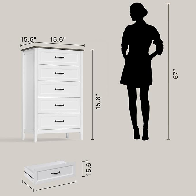 Gizoon 5 Drawer Dresser, 44.8" H Wood Chest of Drawers, White Dresser for Bedroom, with Smooth Rail, Metal Handles, Anti-tip Device, Modern Chest, for Living Room, Hallway, Grey