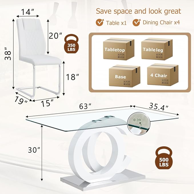 63'' Glass Dining Table Set for 4, Kitchen Table Chairs Set of 4, Clear Glass Dining Table with White unique design Leg and Silver Metal Base, 4 PU Dining Chairs with Metal Legs, Living Room, Kitchen.