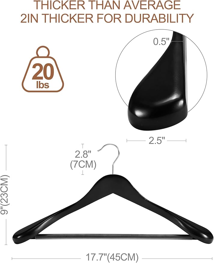 HOUSE DAY Wide Shoulder Wooden Hangers 12 Pack, Wood Suit Hangers for Men with Non Slip Pants Bar, Smooth Finish Solid Wood Coat Hangers for Jacket, Pants, Dress, Heavy Clothes Hangers (Black)