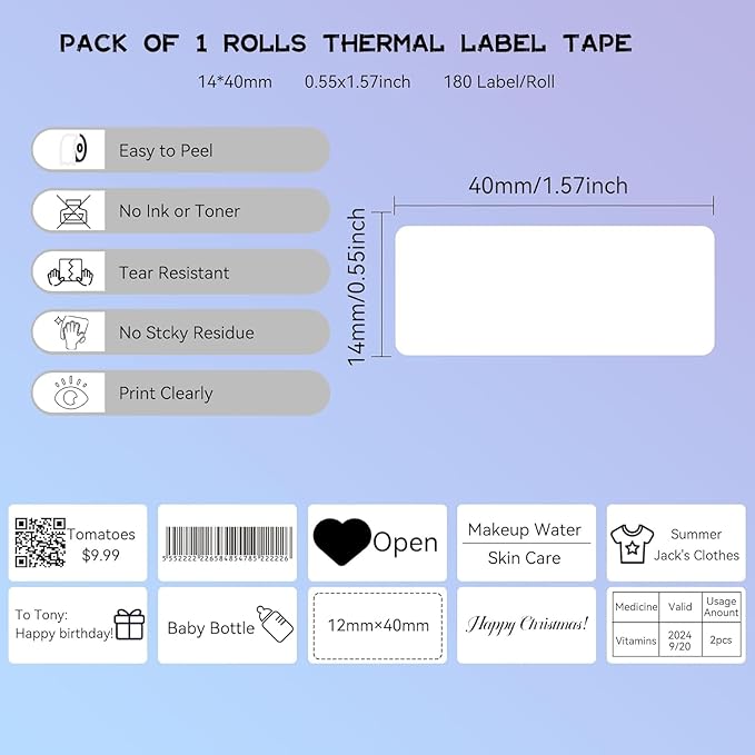 D30 Label Maker Tape, Thermal Self-Adhesive 14x40mm (0.55"x1.57"), Compatible With D30 Portable Printer, 185 Labels/Roll (White)