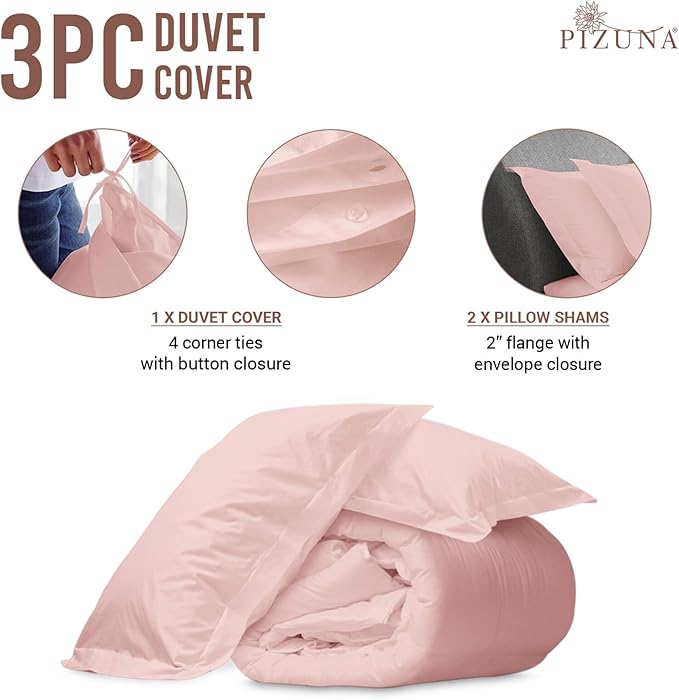 Pizuna Pure 100% Cotton Twin Duvet Cover Set, Luxurious 400 Thread Count Long Staple Cotton Sateen Weave with Button Closure (Combed Light Pink Cotton Duvet Cover Twin)