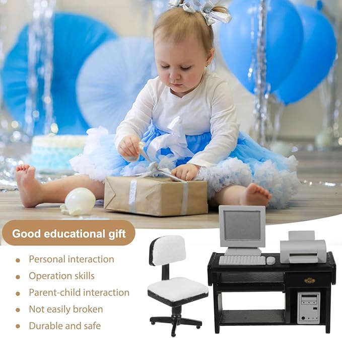 NUOBESTY 1:12 Dollhouse Miniature Office Furniture Set - Black Desk & Chair with Computer, Mouse, Keyboard, Printer for Kids' Doll House Decoration
