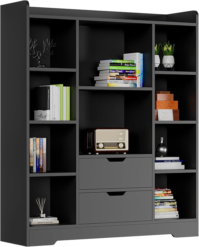 Cozy Castle Kids Bookshelf with Storage, Toy Storage Organizer with 2 Drawers and 10 Cubes 4-Tier Bookcase for Bedroom, Playroom, Hallway, Living Room(Black)